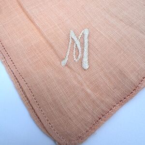 Vintage hand made monogrammed 'M' Peach Linen Handkerchief